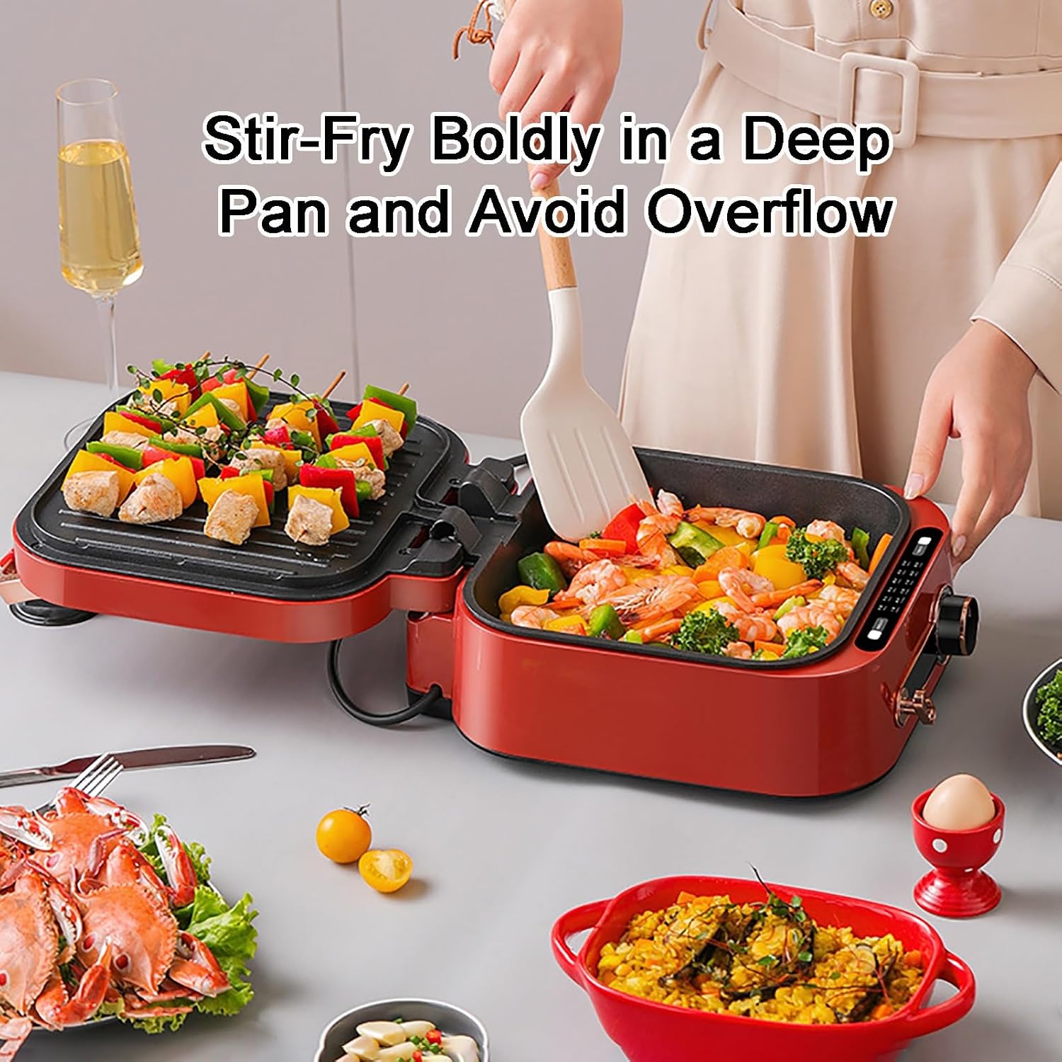 Electric Skillet with Lid, 1800W Multifunctional Nonstick Coating Electric Grill Pan, for Hotpot BBQ (Red)