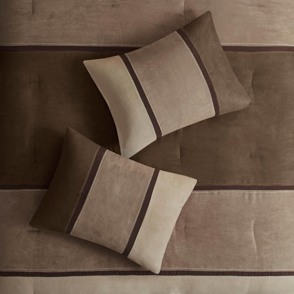 Madison Park Palisades Comforter Set Modern Faux Suede Pieced Stripe Design, All Season Down Alternative Cozy Bedding with Matching Shams, Decorative Pillows, King(104'x92'), Brown 7 Piece