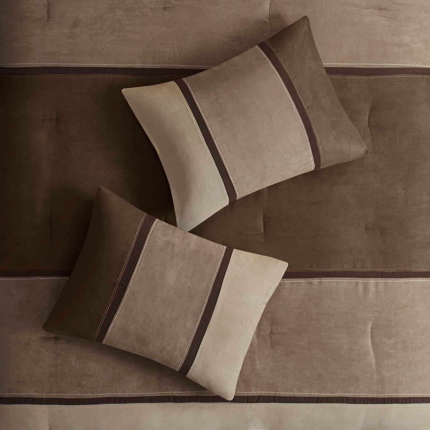 Madison Park Palisades Comforter Set Modern Faux Suede Pieced Stripe Design, All Season Down Alternative Cozy Bedding with Matching Shams, Decorative Pillows, King(104'x92'), Brown 7 Piece