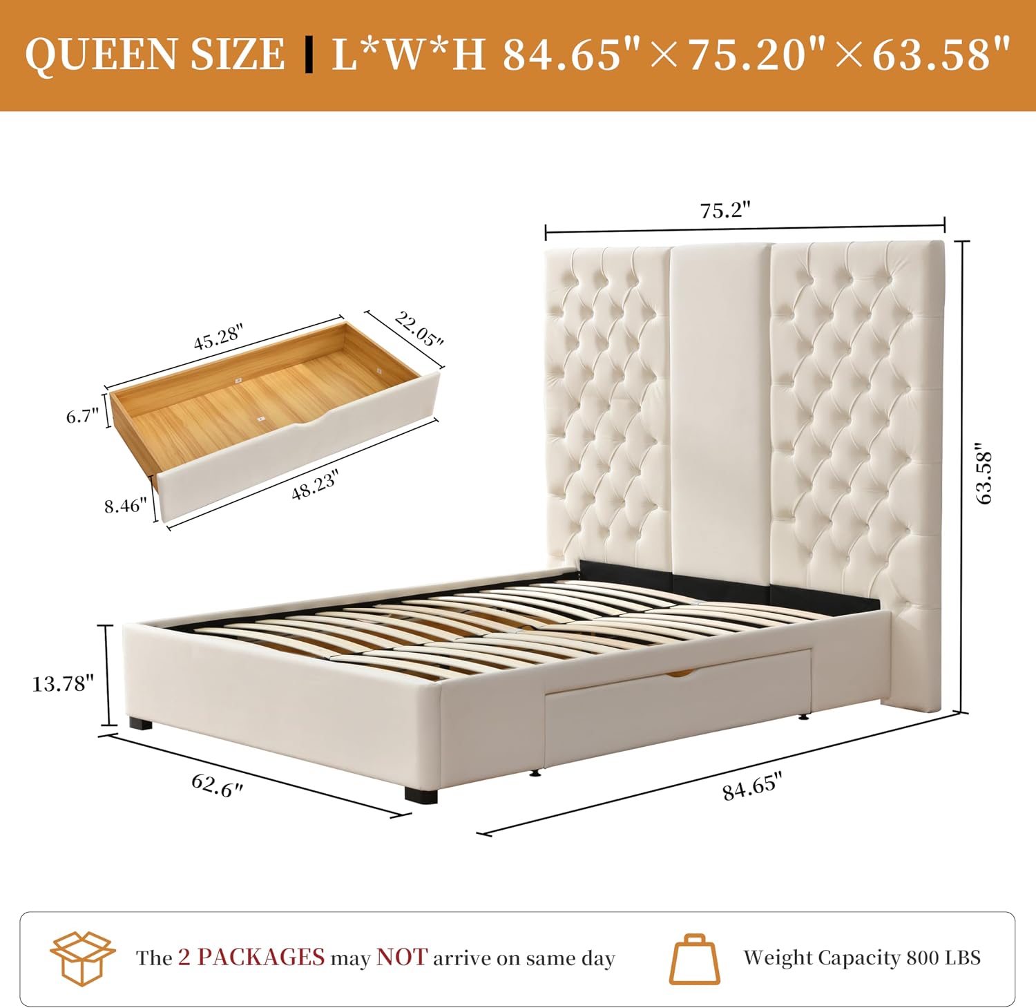 Queen Size Bed Frame with 63' Tall Headboard, Velvet Fabric Upholstered Platform Bed with 2 Large Storage Drawers, Deep Button Tufted, Wooden Slats, Easy Assembly, No Box Spring Needed, Cream