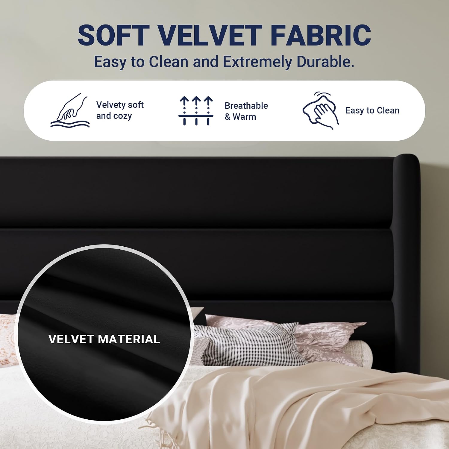 Allewie King Size Platform Bed Frame with Velvet Upholstered Wingback Headboard, No Box Spring Needed, Under Bed Storage Space, Strong Wooden Slats, Modern Mattress Foundation, Easy Assembly, Black