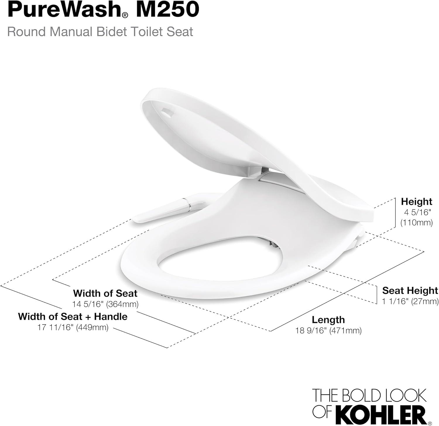 Kohler PureWash M250 Manual Round Bidet Toilet Seat, Biscuit, Quiet-Close Lid Prevents Slamming, Easy Installation with Quick-Release Hinges, Adjustable Spray Position & Pressure (Pack of 2)