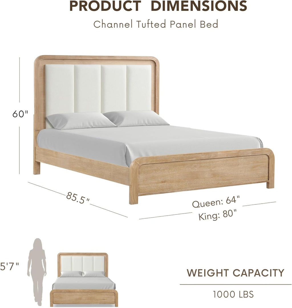Furniture of America Verena Boho Solid Wood 3-Piece Bedroom Set with Padded Headboard Bed, Metal Side Glide, Finger Pulls on Nightstand and Chest, Box Spring Needed, King, Natural