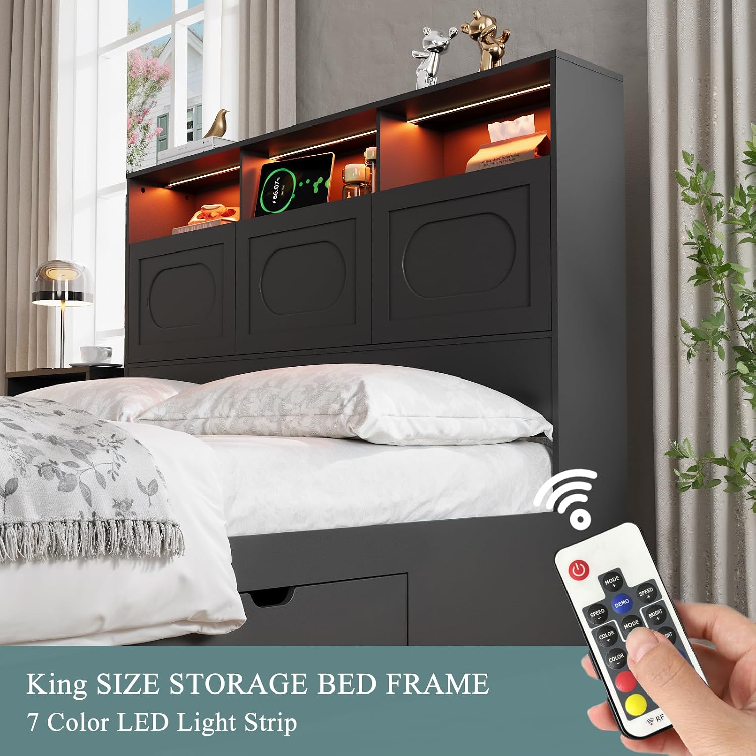 3 Pieces Bedroom Set, Queen Size Bed Frame with Storage Headboard, 2 Nightstands with Charging Station, Black