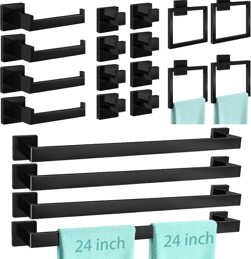 FEILERN 20-Piece Matte Black Bathroom Hardware Set, 24 Inch Bath Towel Bar Set, Stainless Steel Wall Mounted Towel Rack for Bathroom