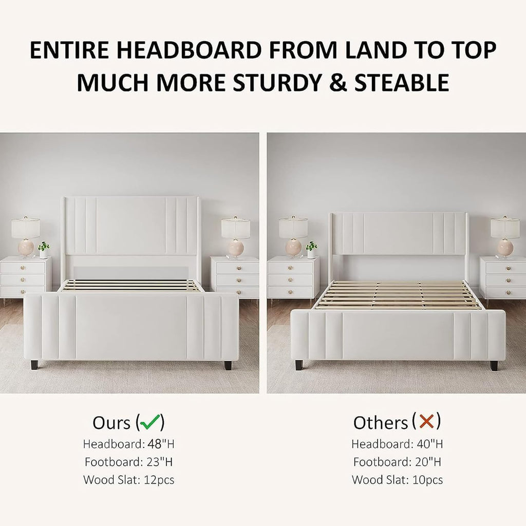 Albott Queen Size Platform Bed Frame, Upholstered Bed with Vertical Channel Tufted Wingback Headboard & Footboard, Premium Velvet, No Box Spring Needed, Cream