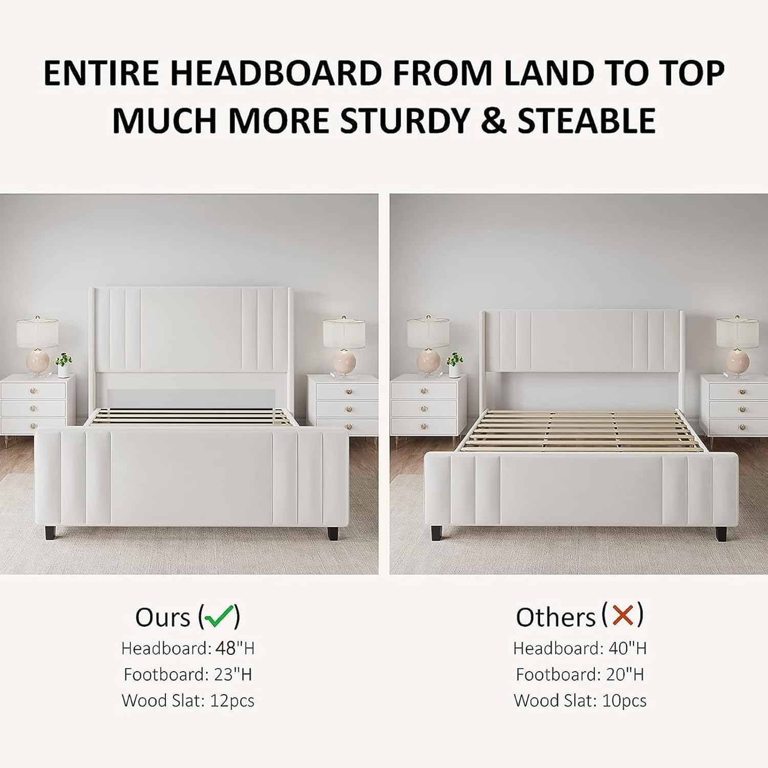 Albott Queen Size Platform Bed Frame, Upholstered Bed with Vertical Channel Tufted Wingback Headboard & Footboard, Premium Velvet, No Box Spring Needed, Cream