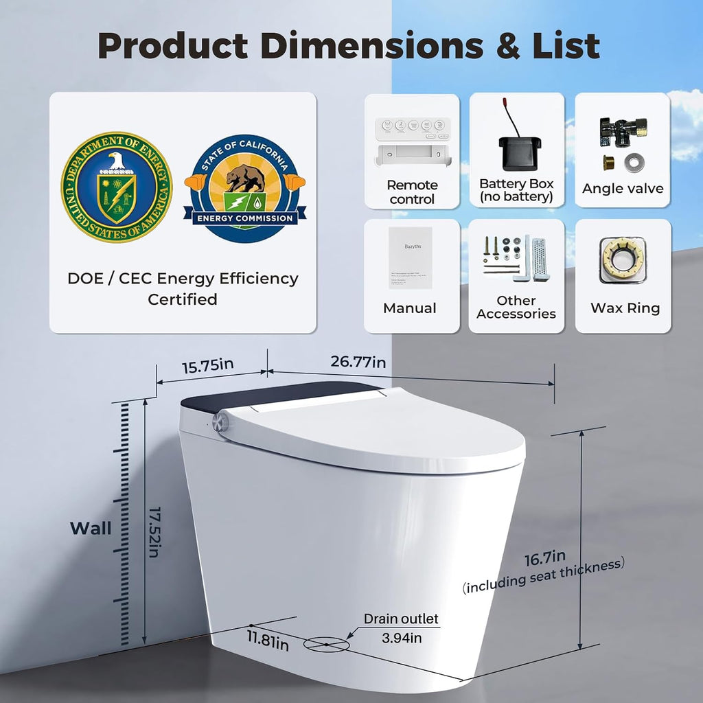 Smart Toilet with Bidet Built In, Auto Open/Close Lid, Foot Sensor to Open Lid/Seat & Flush, Heated Seat, Warm Water Wash, Air Dryer, Built-in Tank, 12' Rough-In, One-Piece Elongated ZY695A