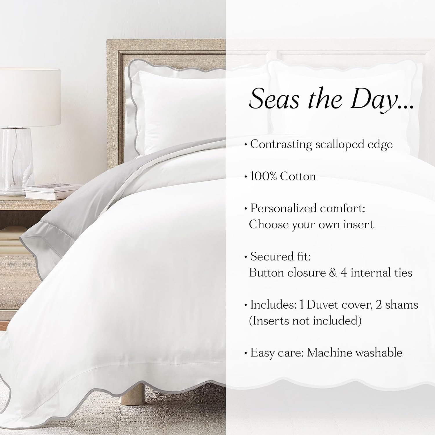 Lush Decor Coastal Chic Scalloped Edge Cotton Duvet Cover Set, 3 Piece Set, King, Gray & White - King Bedding Set - White Duvet Cover King - Coastal Decor
