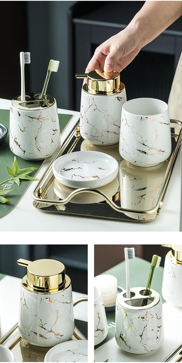 3 Pieces Ceramic Marble Bathroom Accessories Set Hand Soap Bottle Toothbrush Cup Dish Dispenser Bath Gift Black One Size (Yellow Size) (Green (White