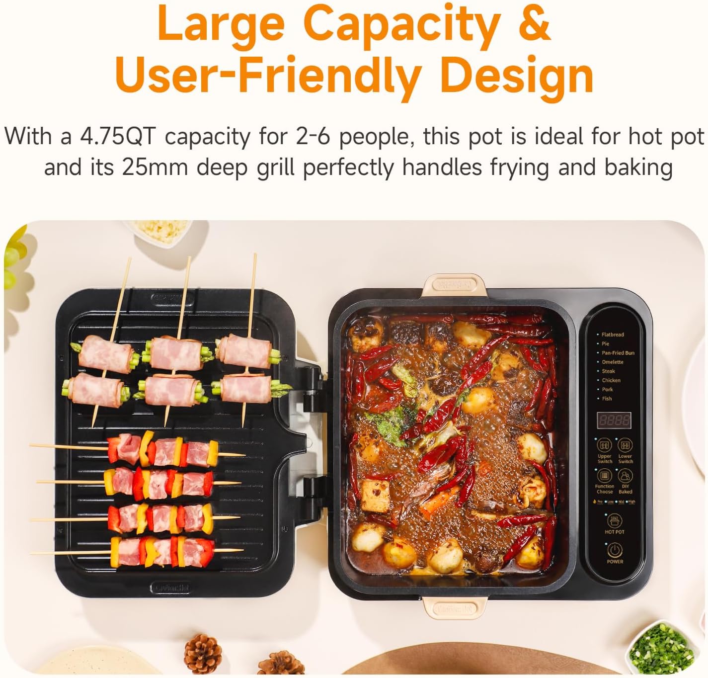 Joydeem Electric Grill with Hot Pot, Shabu Shabu Pot with Grill, Foldable & Detachable Design, 1800W, 4.75Qt Large Capacity, Ceramic Oil Non-Stick Coating, 8 Functions & DIY Mode, SKG-B430