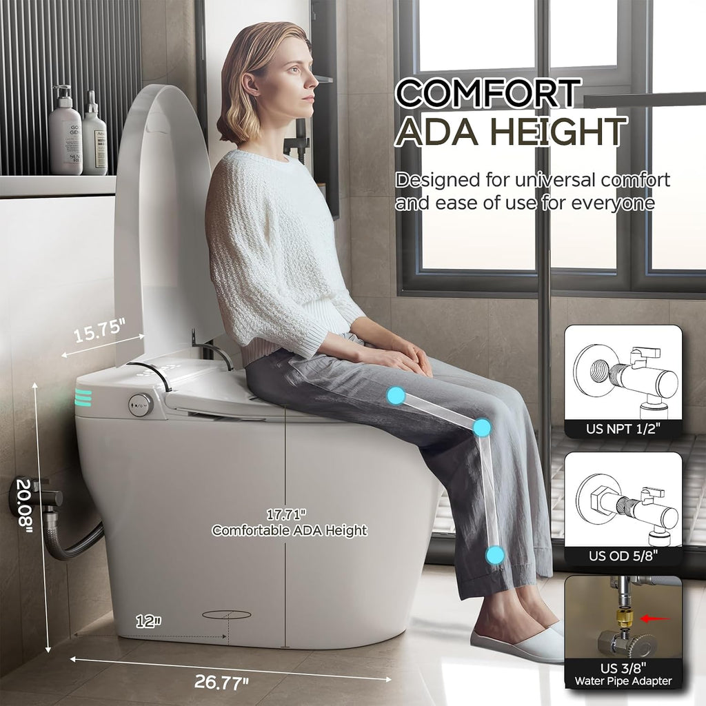 Smart Toilet with Bidet Built In ADA Height 17.7', One Piece Tankless Bidet Toilet with Auto Open Close, Foam Shield, Voice Control Modern Elongated Toilet with Heated Seat, Warm Water & Dryer