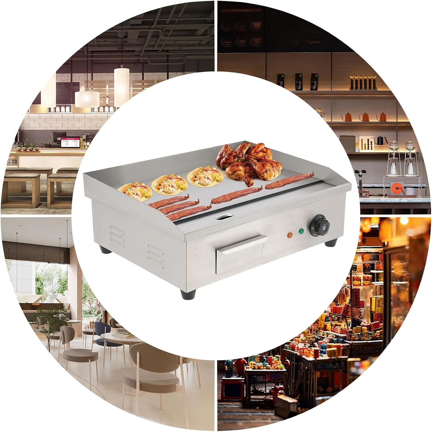 110V 3000W Commercial Teppanyaki Grill, Stainless Steel Countertop Electric Griddle, 122°F-572°F Adjustable Heat, for BBQ, Pancakes, Hamburgers Making