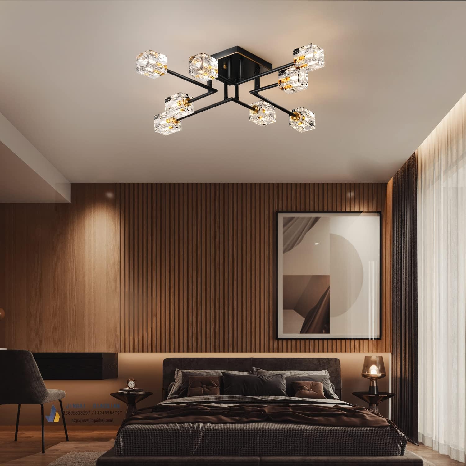 8-Lights Semi Flush Mount Ceiling Light Fixture,Black and Gold Modern Crystal Chandeliers,Farmhouse Lighting Fixtures for Dining Room Living Room Kitchen Bedroom Entryway