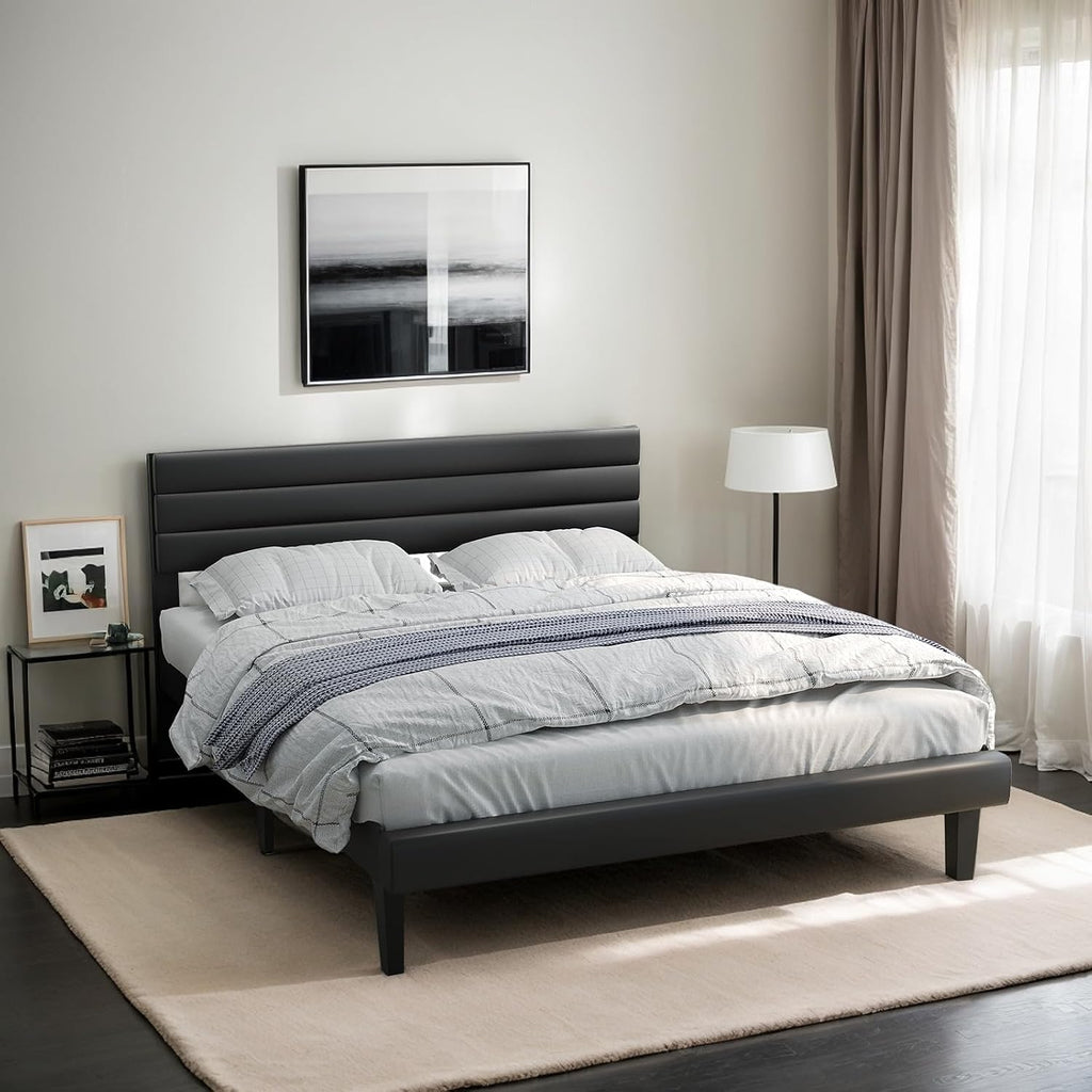 VINGLI Full Faux Leather Bed Frame, Upholstered Platform Bed with Adjustable Headboard, Wood Mattress Foundation with Heavy Duty Slats Support,Luxury Modern,No Box Spring Needed, Black