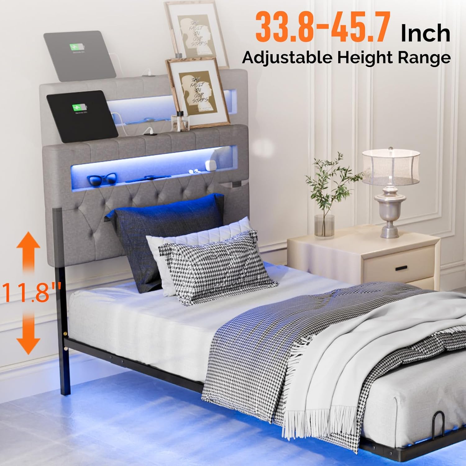 VINGLI Twin Floating Bed Frame with Headboard Heavy Duty Metal Frame, Storage Shelf, LED Lights Charging Station, Modern Platform Bed, Adjustable Headboard, No Box Spring Needed, Grey