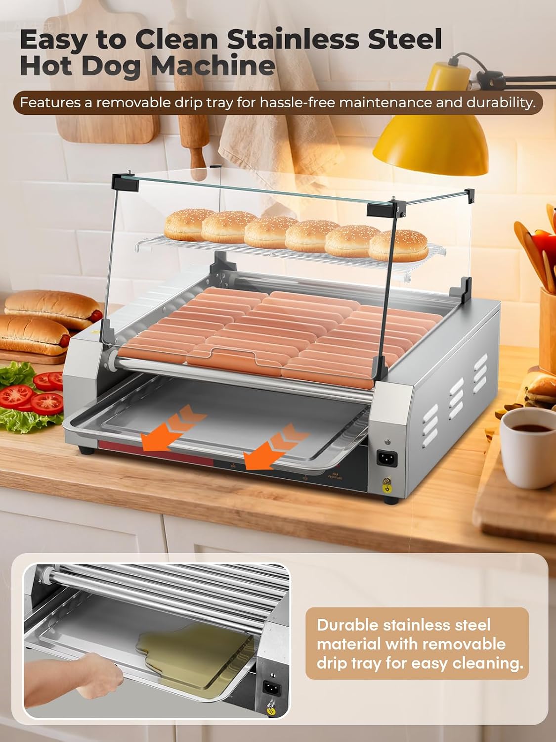 HOUSNAT Hot Dog Roller, 11 Rollers 30 Hot Dogs Capacity, 1650W Stainless Steel Hot Dog Machine with Dual Temperature Control, Bun Warmer Shelf, Glass Hood & Removable Drip Tray for Kitchen Restaurant