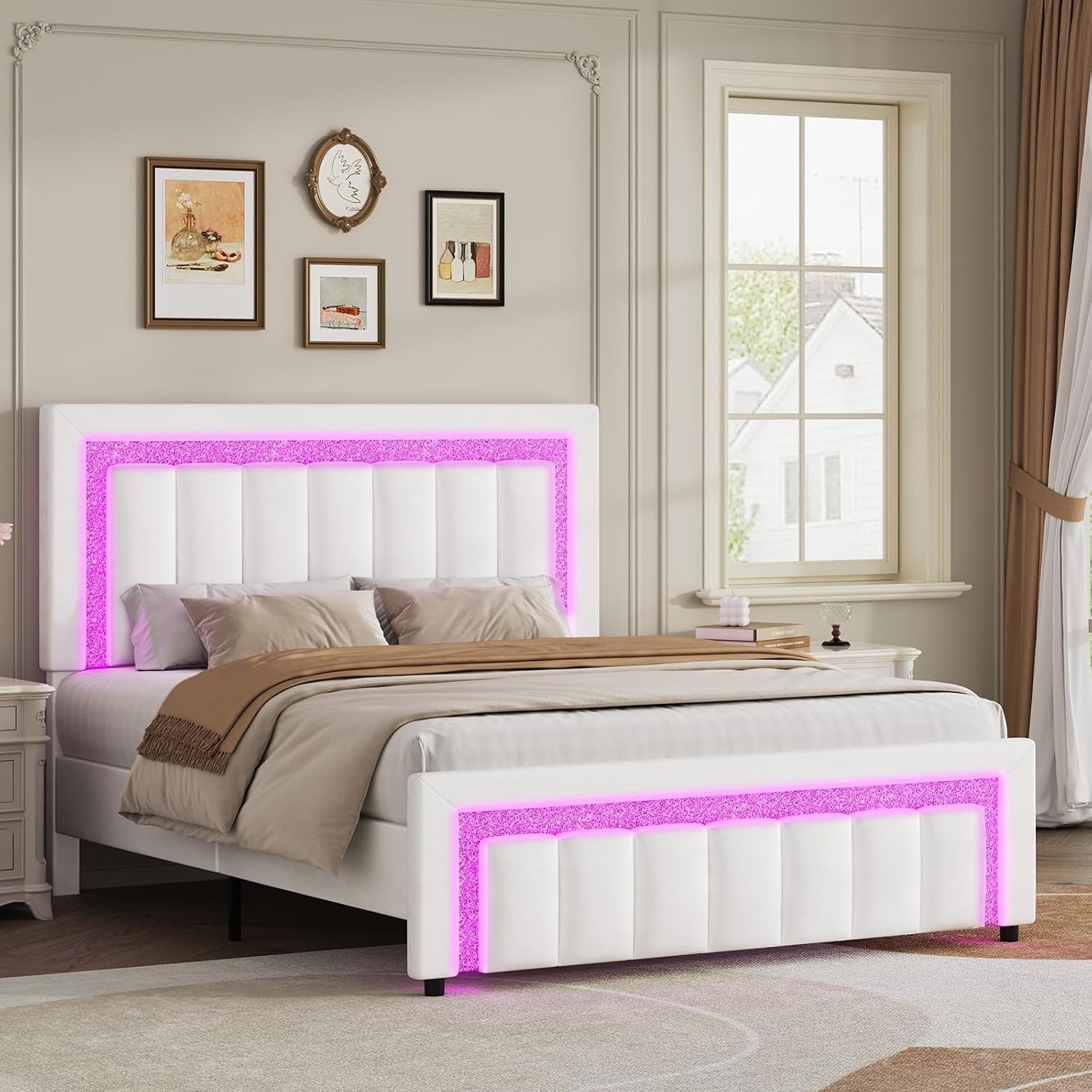 HOMBCK Full Bed Frame with LED Lights and Velvet Upholstered Adjustable Headboard, Bed Frame Full Size with Diamond Headboard & Footboard, Wood Slats Support, Noise Free, No Box Spring Needed, White