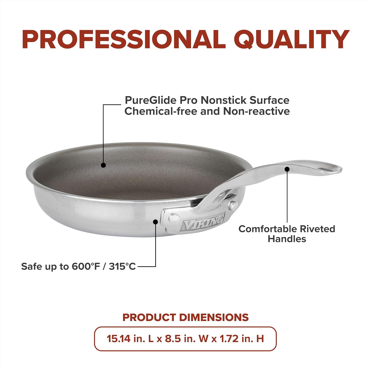 Viking PureGlide Pro 3-Ply Nonstick Frying Pan, Made without PFAS, 8-Inch Induction Cookware, Metal Utensil Safe Titanium Nonstick Surface, Oven Safe to 600F