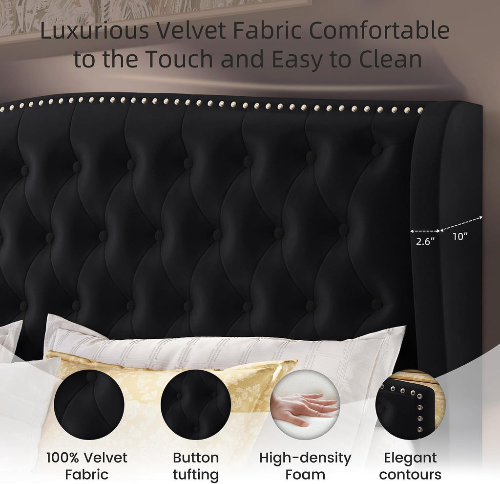 BRELTAM Upholstered King Size Bed Frame Velvet Black Tufted Platform Bed Frame with Wingback Headboard & Footboard, with Deep Button Tufted & Nailhead Wooden Slats Support, No Box Spring Needed
