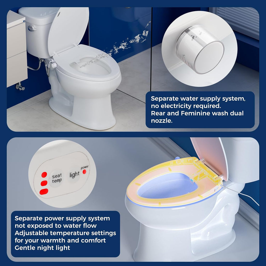 Clirass Elongated Heated Toilet Seat with Night Light, Three Temperature Settings Heated Seat,70 in Power Cord, Fit Elongated Toilet, Cold Water Bidet Function Toilet Seat With Slow Close