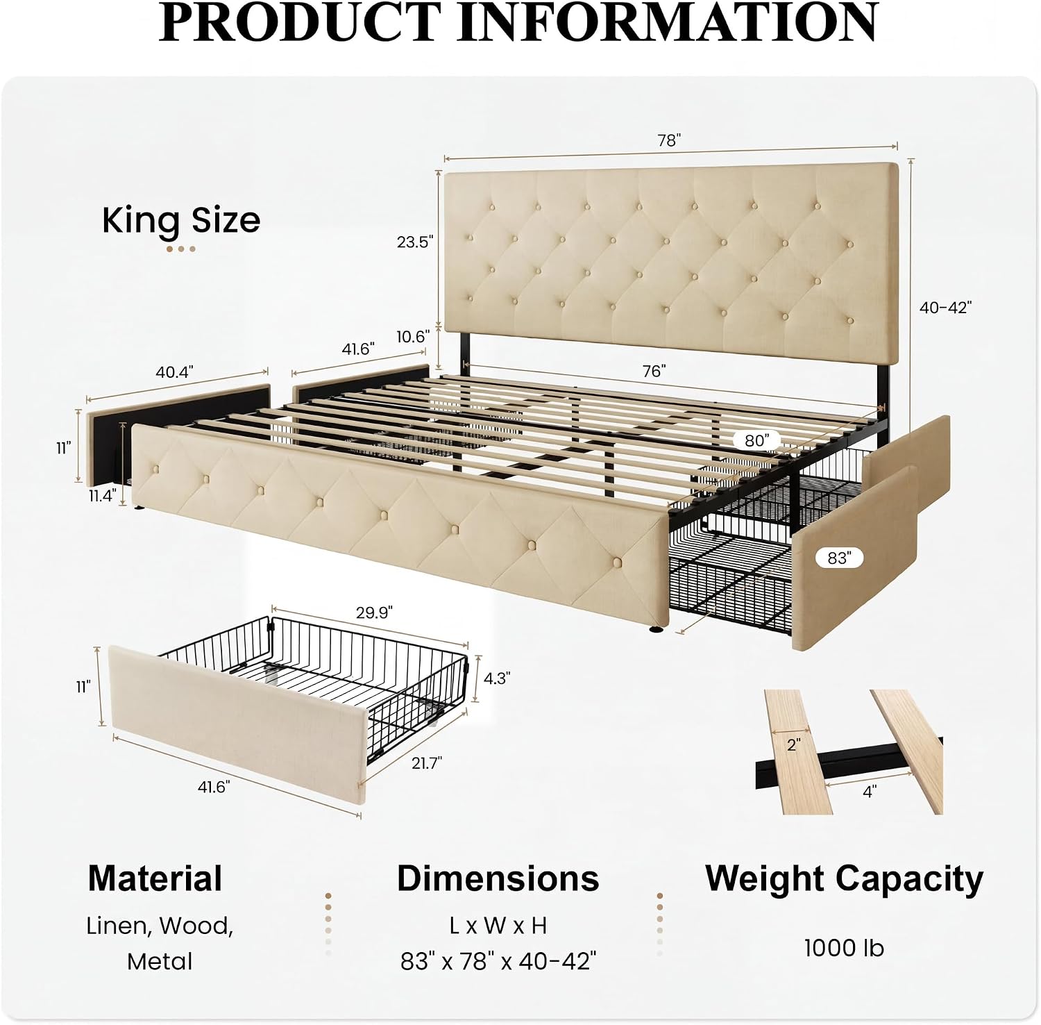 SHA CERLIN Upholstered King Size Platform Bed Frame with 4 Storage Drawers, Adjustable Headboard with Diamond Stitched Button Tufted Design, Wooden Slat Support, No Box Spring Needed, Beige