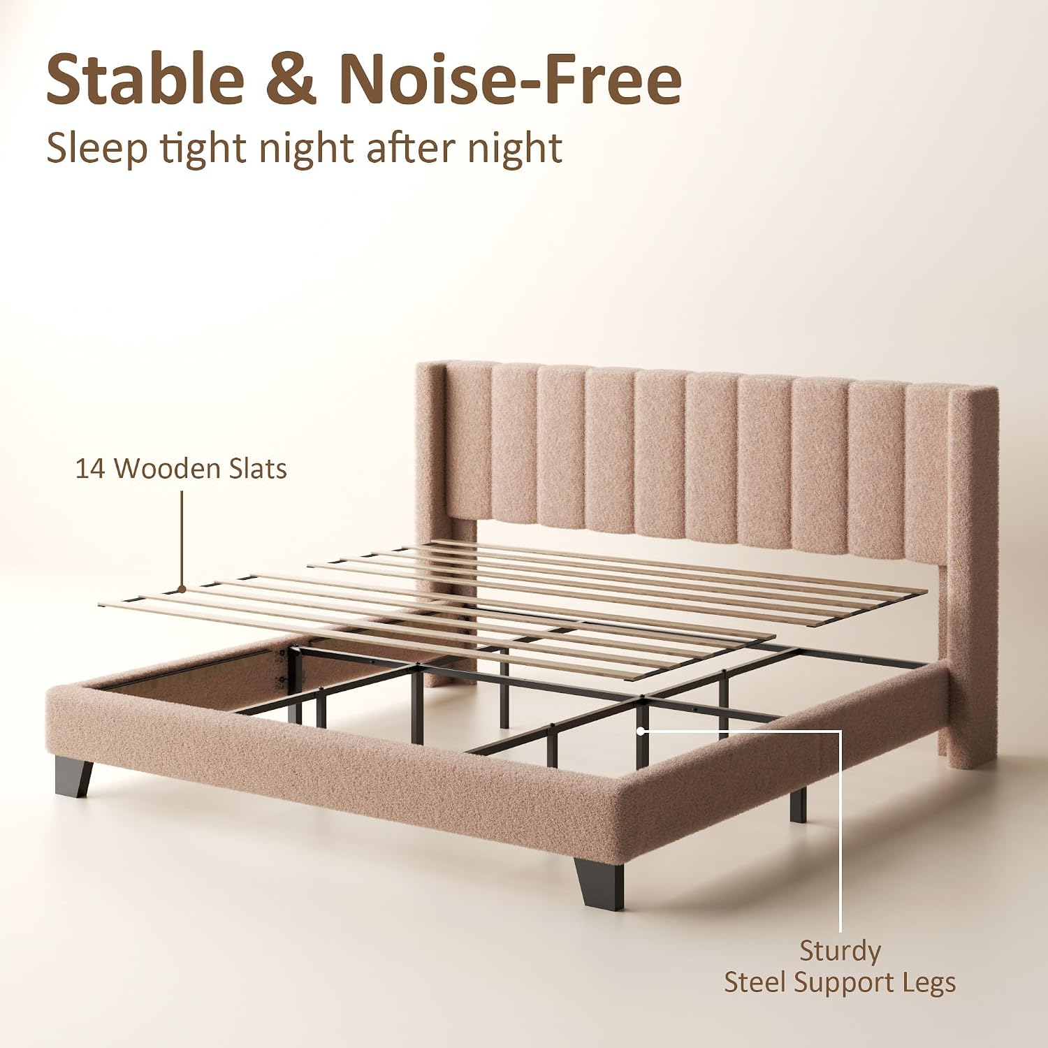 King Bed Frame with Headboard Upholstered Platform Bed Frame with Teddy Velvet Headboard, Wooden Slats Support/Wing Edge Design/No Box Spring Needed/Easy Assembly, Camle