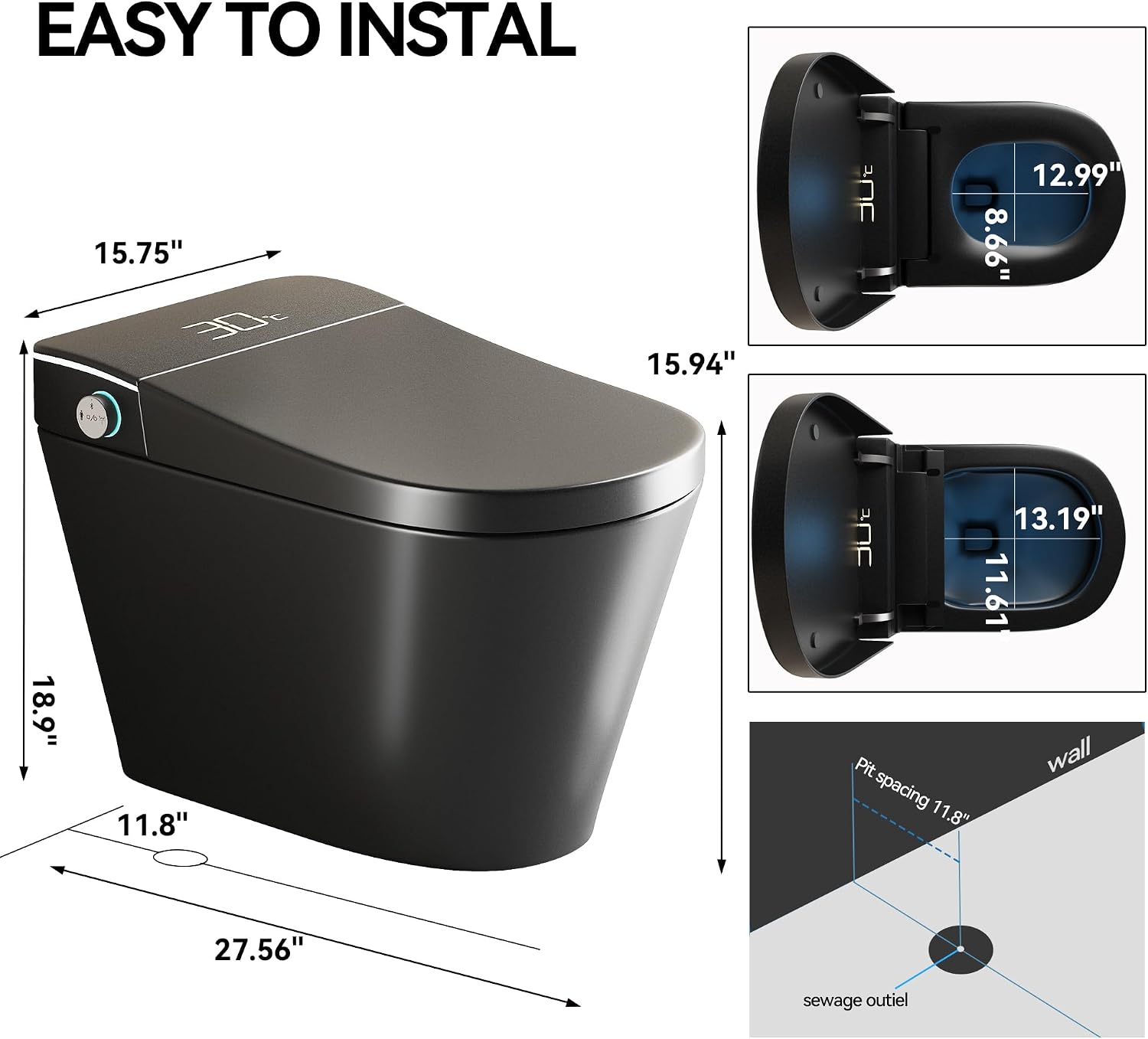 KEIKI Smart Ceramic Toilet with Warm Water Sprayer and Dryer, One Piece Bidet Toilet with Auto Dual Flush Foot Sensor Operation, Heated Seat, Auto Open/Close Seat, for Bathroom, Black