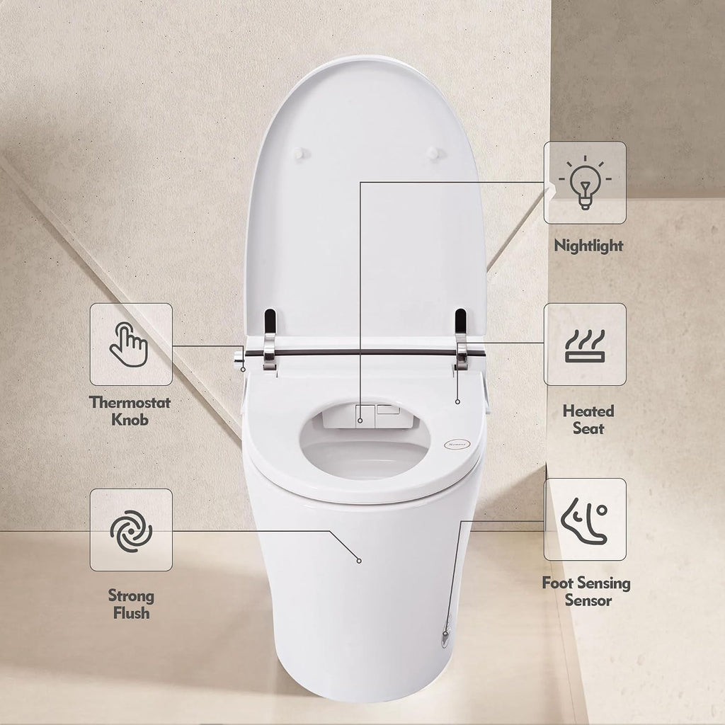 Heated Seat Smart Toilet without Bidet, Upmarket Compact Dual Flush Toilet 1,1.28 GPF, Tank less toilet with Adjustable Temp Heated Seat, Foot sensor Flush, White Night Light, Knob Control,Auto Flush