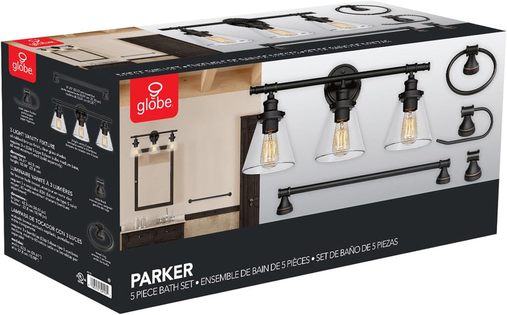 Globe Electric 50192 Parker 5-Piece All-In-One Bathroom Set, Oil Rubbed Bronze, 3-Light Vanity Light with Clear Glass Shades, Towel Bar, Towel Ring, Robe Hook, Toilet Paper Holder, Oil-rubbed Bronze