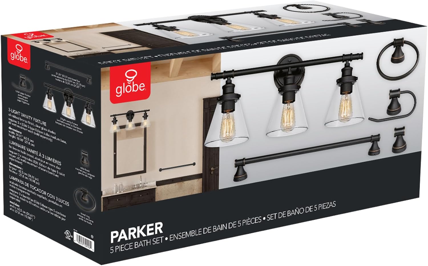 Globe Electric 50192 Parker 5-Piece All-In-One Bathroom Set, Oil Rubbed Bronze, 3-Light Vanity Light with Clear Glass Shades, Towel Bar, Towel Ring, Robe Hook, Toilet Paper Holder, Oil-rubbed Bronze