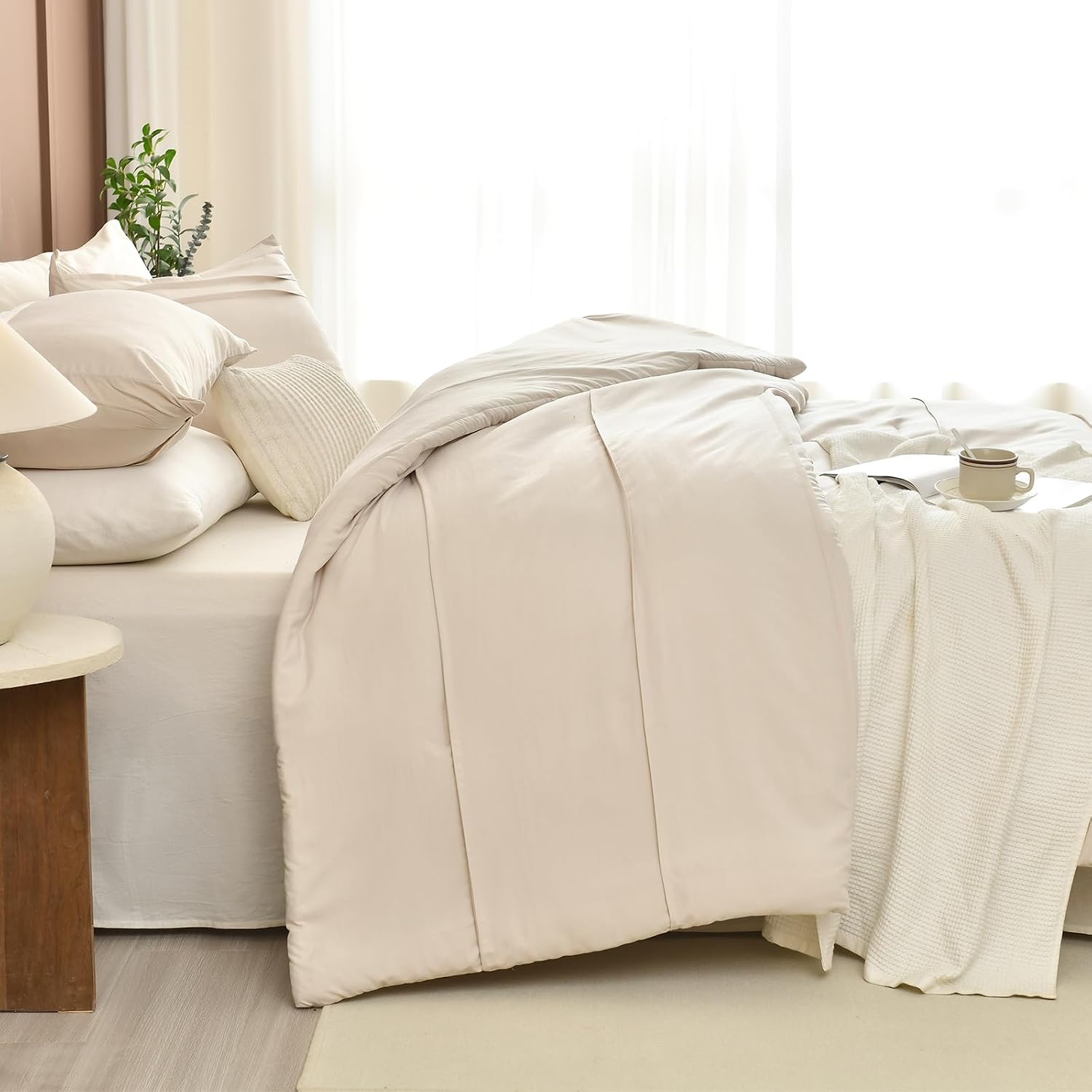 Masaca Oversized King Comforter 128'x120',Solid Color Pinch Pleated Extra Large King Comforter Set,3 Pieces Soft Textured Wheat Bedding Comforter Set Ultra Soft