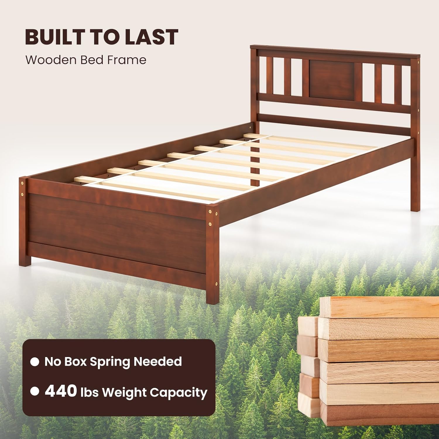Giantex Twin Bed Frame With Headboard, Mid Century Solid Wood Platform Bed, Single Panel Bed With Slat Support, No Box Spring Needed, for Kids, Walnut
