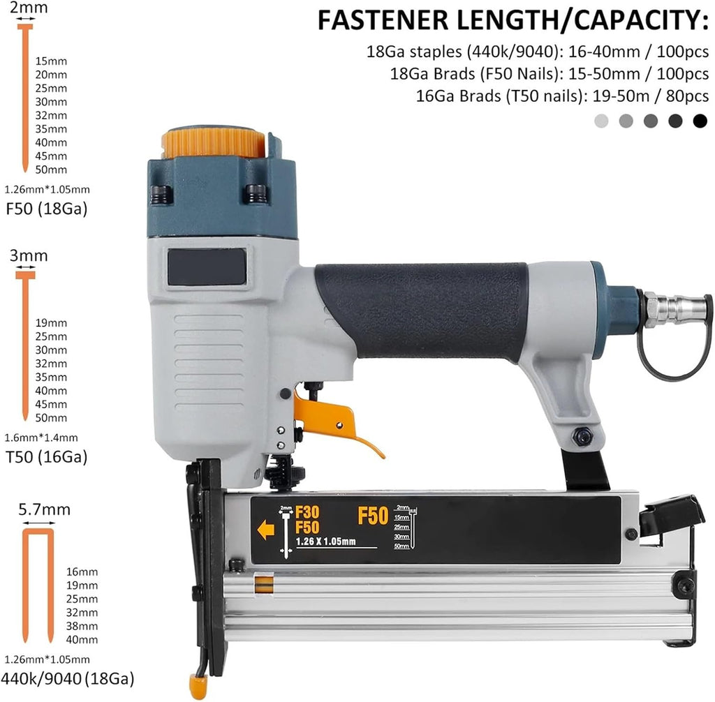 Air Nailer Carpenter Pneumatic Nail Tool T50 F50 440K 16Ga/18Ga Air Brads Nailer Nail Depth Adjustment Ergonomic And Lightweight