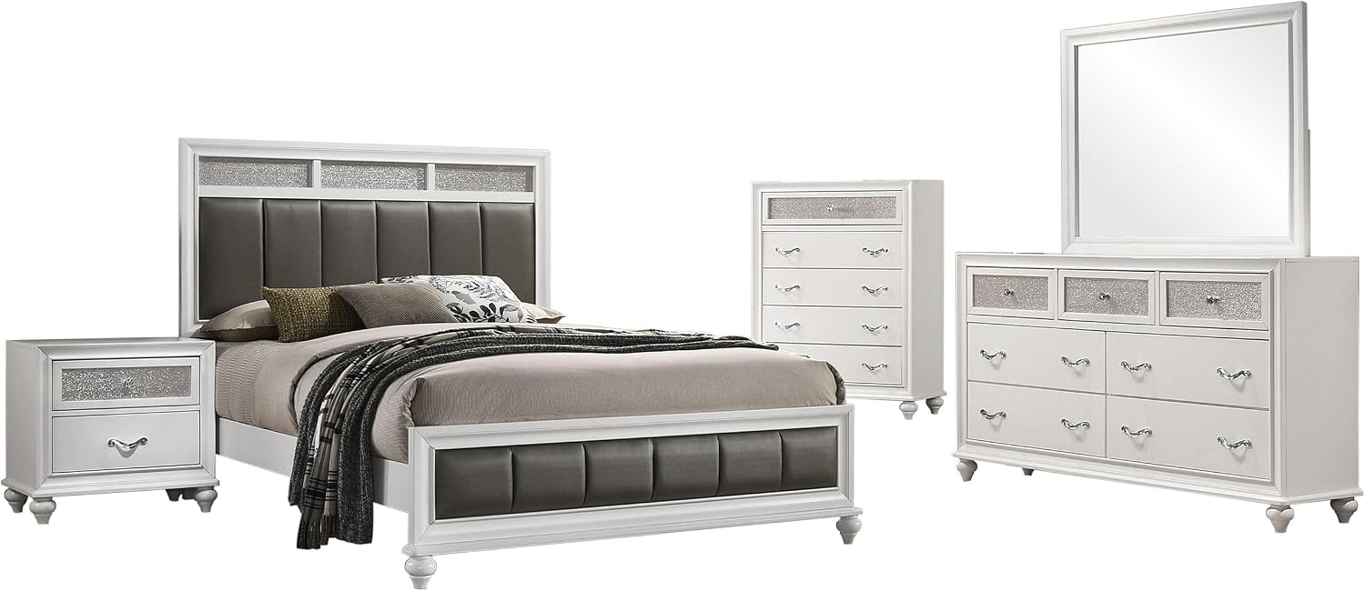 Coaster Home Furnishings Barzini Modern Classic 5-Piece Bedroom Set Leatherette Upholstered Eastern King Size Panel Bed Frame 56-inch Headboard White 205891KE-S5