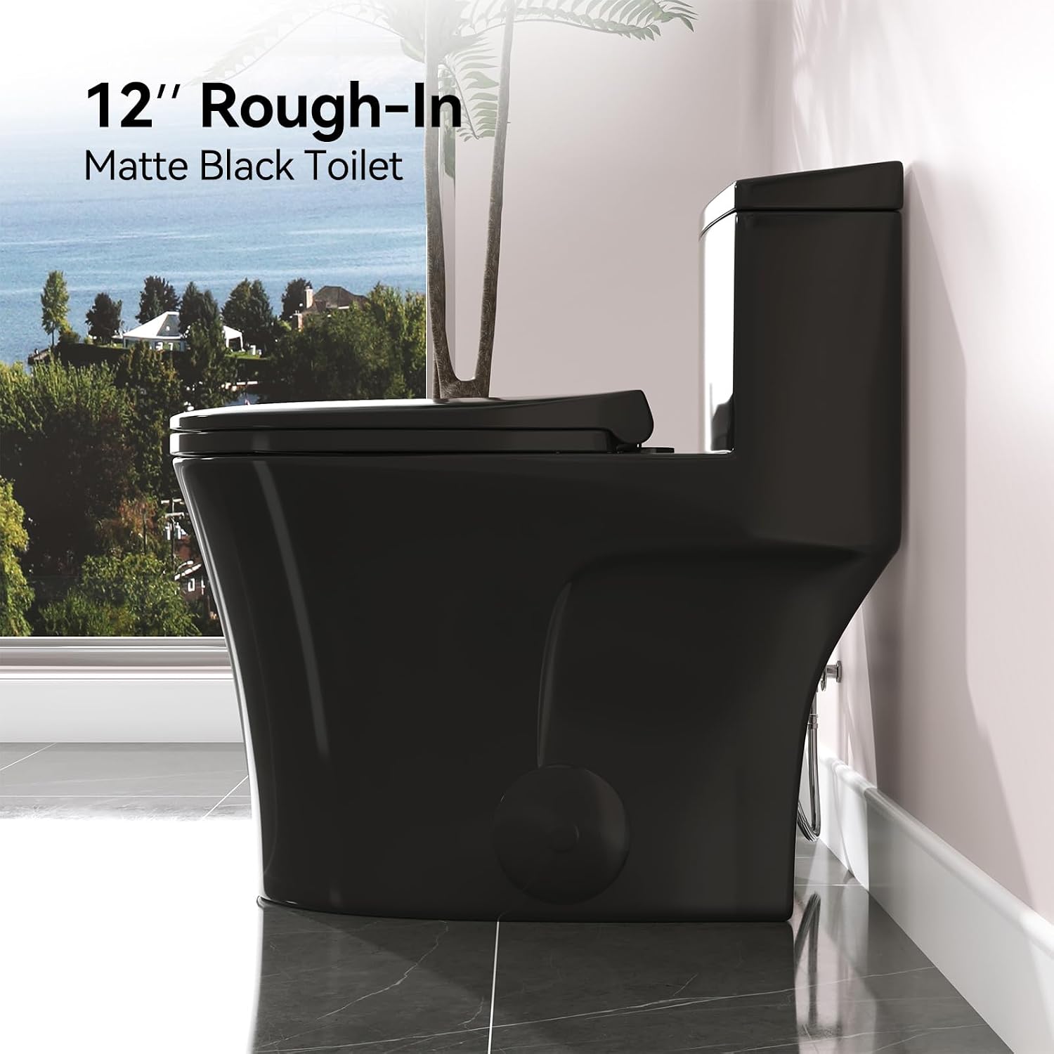 HOROW T0338WB Elongated One Piece Toilet Black, Compact Modern Toilet with Comfortable Seat Height, ADA Chair Height 17.3', Power Dual Flush 0.8/1.28 GPF, Matte Black, 12' Rough-in
