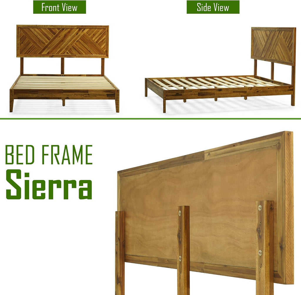 Acacia Sierra King Bed Frame with Headboard Solid Wood Platform Bed, Adjustable Headboard King Bed Frame, Farmhouse Wood Bed Compatible with All Mattress Types, Early American