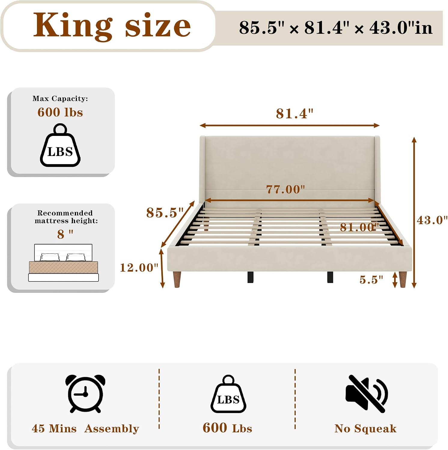 King Size Upholstered Platform Bed Frame, Modern Wingback Bed with Headboard, Upholstered Bed Frames with Walnut Wooden Legs, No Box Spring Needed/Easy Assembly, Beige Velvet