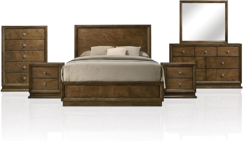 Furniture of America Extan Modern Solid Wood 6-Piece Bedroom Set with Beveled Corner, Metal Center Glide, Zinc Iron Bronze Knobs, Box Spring Needed, Twin, Walnut