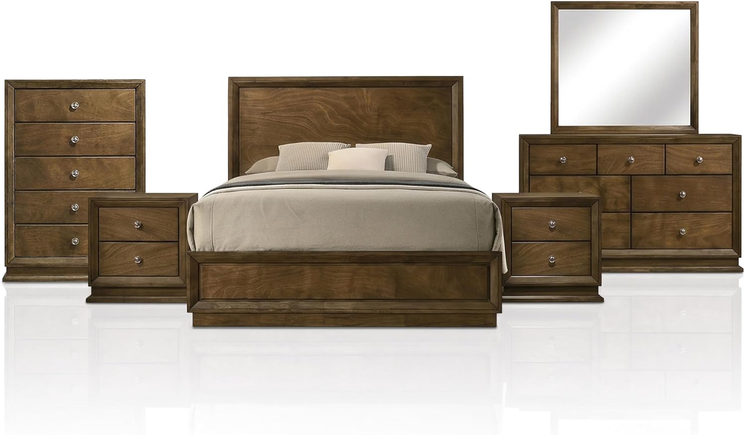 Furniture of America Extan Modern Solid Wood 6-Piece Bedroom Set with Beveled Corner, Metal Center Glide, Zinc Iron Bronze Knobs, Box Spring Needed, Full, Walnut