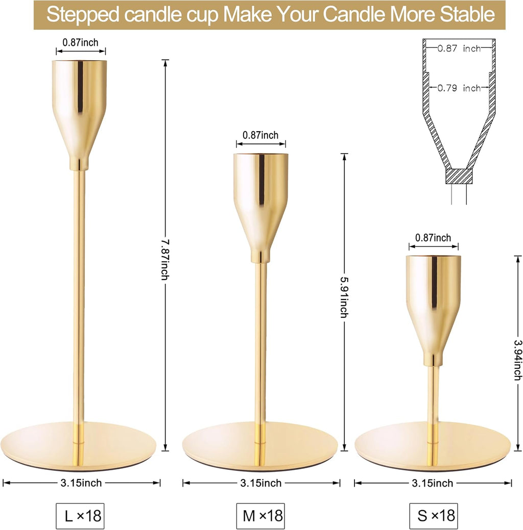 Taper Candle Holders,Tall Metal Candlestick Holders,French Gold,Set of 54,Three Heights,Candle Stick Holder Bulk for Wedding Centerpiece Decoration,Dinning,Festival,Party or Home Decor