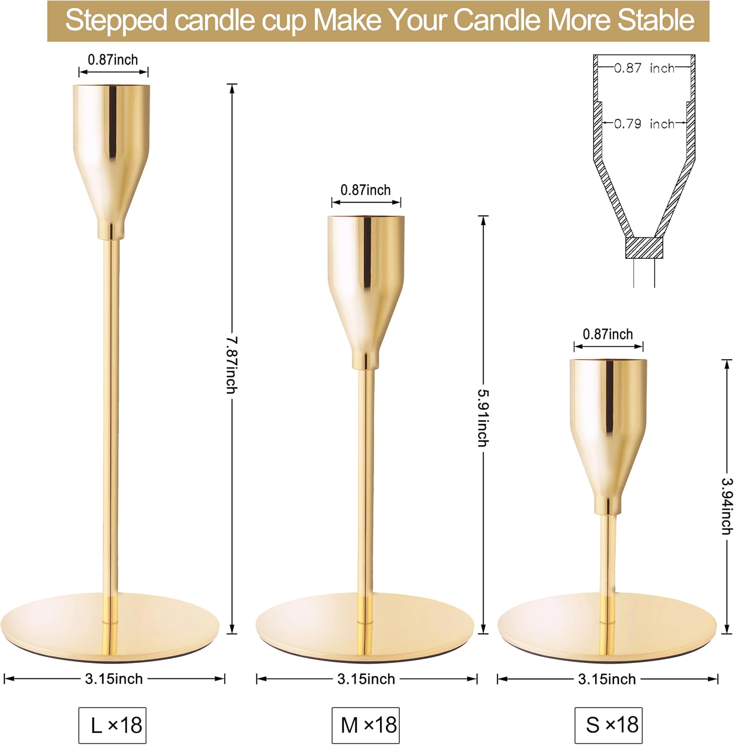 Taper Candle Holders,Tall Metal Candlestick Holders,French Gold,Set of 54,Three Heights,Candle Stick Holder Bulk for Wedding Centerpiece Decoration,Dinning,Festival,Party or Home Decor