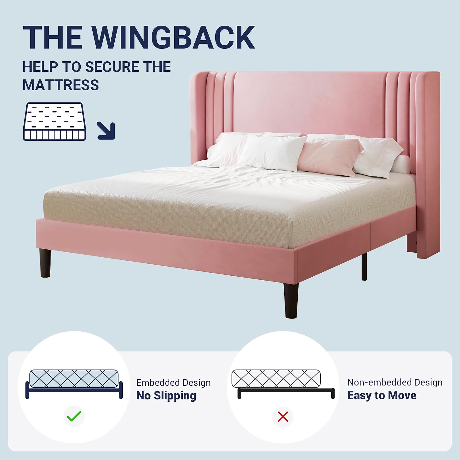 Allewie Queen Size Velvet Platform Bed Frame with Vertical Tufted Wingback Headboard, Easy Assembly, Under Bed Storage, No Box Spring Required, Modern Style, Pink