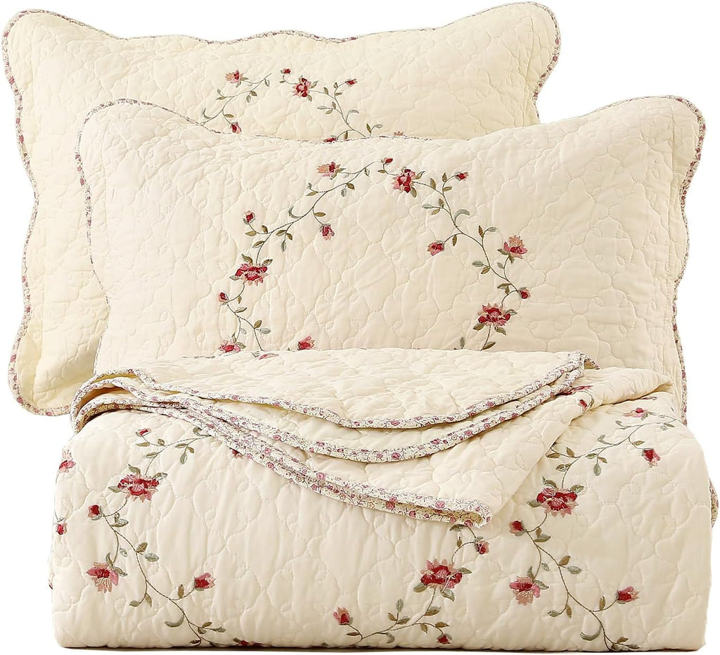 vctops 3-Piece Floral Embroidered Bedspread Coverlet Set King Size 100% Cotton Reversible Patchwork 1 Quilt and 2 Pillow Shams (Flower,King)