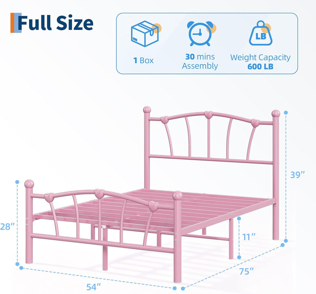 GarveeHome Full Size Bed Frame, Heart Shaped Metal Bed Frame with Headboard and Footboard, Platform Bed Frame with Sturdy Slat Support, Underbed Storage Space, No Box Spring Needed, Pink