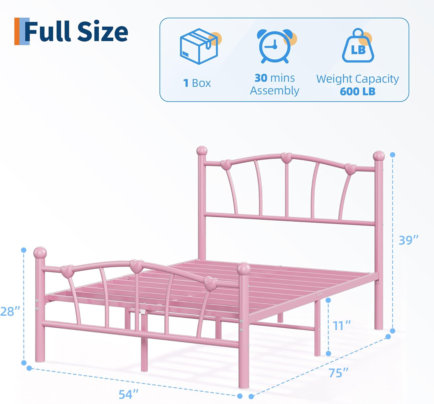 GarveeHome Full Size Bed Frame, Heart Shaped Metal Bed Frame with Headboard and Footboard, Platform Bed Frame with Sturdy Slat Support, Underbed Storage Space, No Box Spring Needed, Pink