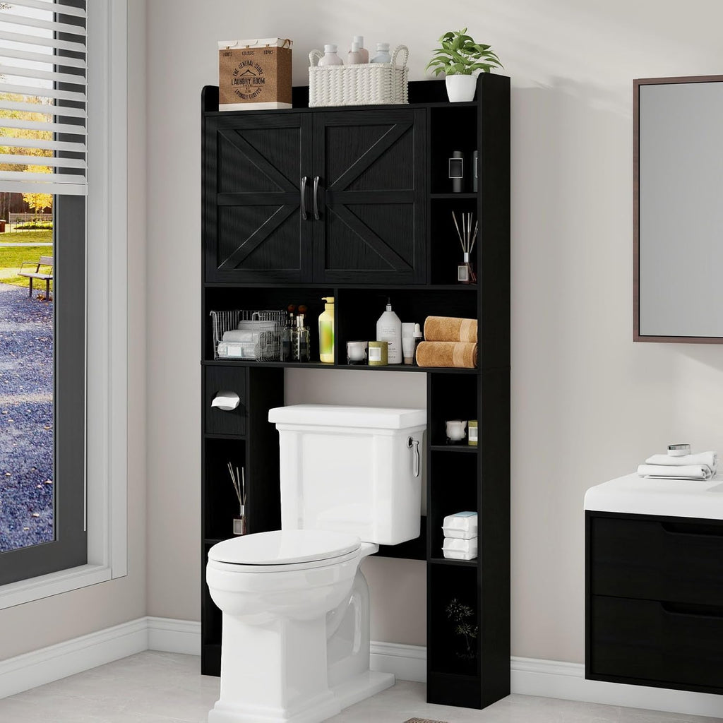 Vabches Over The Toilet Cabinet, Double Doors Bathroom Shelf Organizer with Toilet Paper Holder Stand and Open Storage Shelf, Small Freestanding Space Saver for Restroom, Bathroom, Laundry, Black