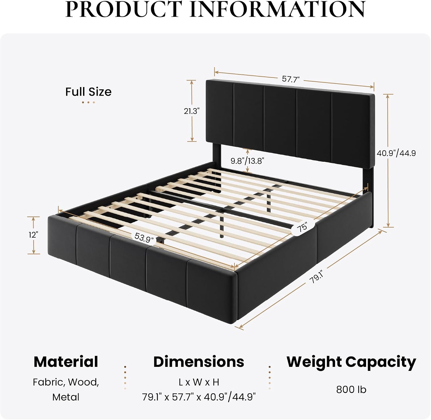 SHA CERLIN Full Size Bed Frame, Velvet Upholstered Platform Bed, Vertical Channel Tufted Adjustable Headboard, Low Profile Bed Frame, No Box Spring Needed, Easy Assembly, Black