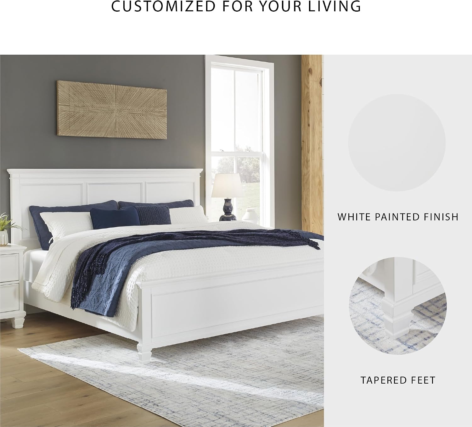 Signature Design by Ashley Fortman Transitional King Panel Bed with Tapered Feet, Foundation or Box Spring Needed, White