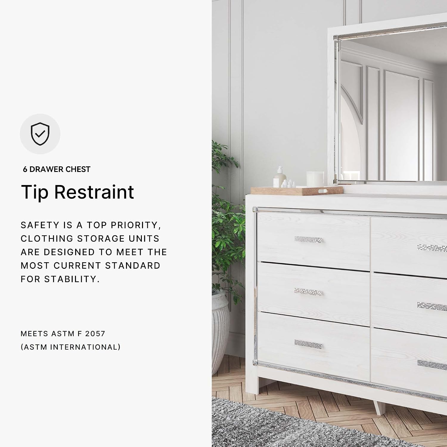 Signature Design by Ashley Altyra Modern Smooth-Gliding 6-Drawer Dresser and Mirror with Safety Stop, White